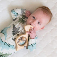 baby boy chewing on organic wooden baby dinosaur rattle.
